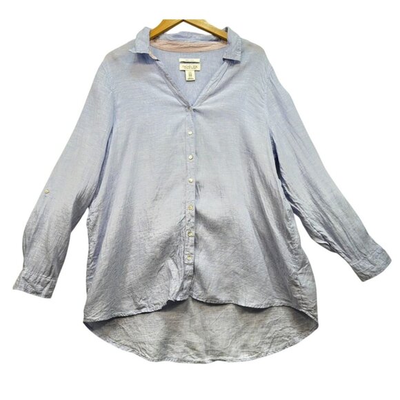 Rachel Zoe Womens 100% Linen Button-Down Shirt Size 1X Light Blue Coastal Beach - Picture 1 of 12